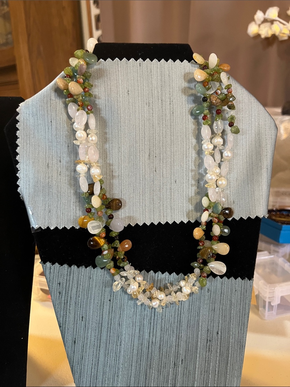Multi-Gemstone Layered Necklace - Green, White & Gold Tones